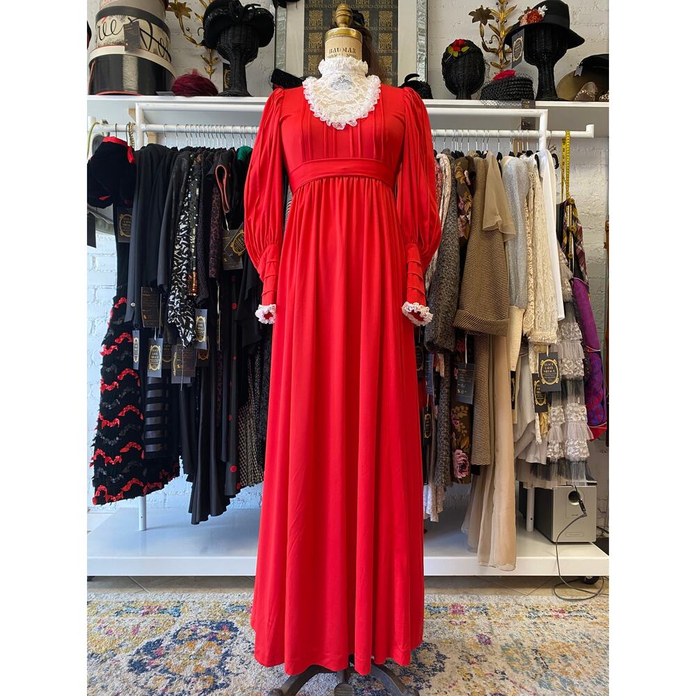 vintage 1970s red victorian style maxi dress lace bib balloon sleeves small